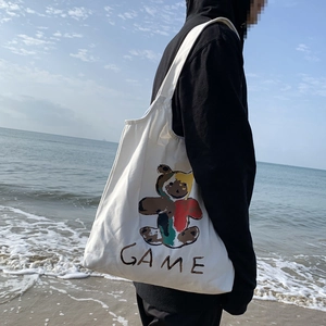 Grand Sac Fourre-tout En Toile Imprimé Ours De Dessin Animé Lettres Sac À Main Décontracté Streetwear Polyvalent Pour Femme Quotidien