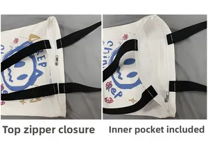 Detail of the top zipper closure and interior pocket on white canvas tote bag
