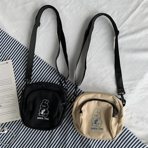 Japanese style canvas crossbody bag with cute cartoon rabbit print in black and beige
