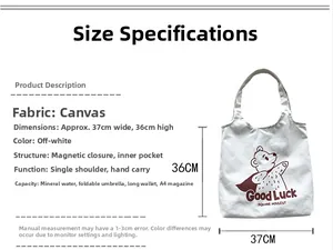 Canvas tote bag with bear print, 37x36cm size with magnetic buckle and inner pocket