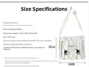 Detail of off-white waterproof nylon messenger bag with spacious interior compartments