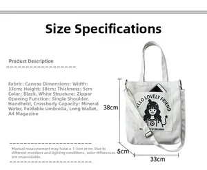 Size chart showing 33x38x5cm dimensions for a white canvas tote bag with cartoon print
