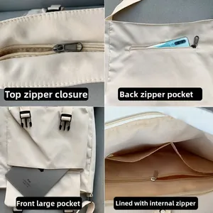 Detail view of khaki nylon messenger bag showing multiple zipper pockets and storage compartments