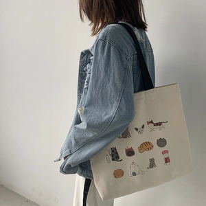 Sac fourre-tout en toile de style japonais avec motifs chats et larges bandoulières