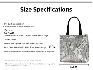 Detailed size chart for beige canvas tote showing 42x38cm dimensions and zipper structure