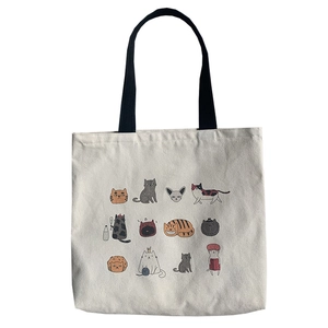 Grand sac cabas en toile style japonais avec 12 chats de dessin animé et anses noires