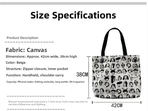Canvas tote bag with zipper closure and dimensions 42x38cm showing internal capacity