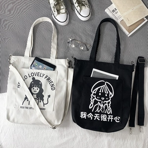 Women Canvas Crossbody Bag Cartoon Girl Letter Print Tote Shoulder Handbag Casual Student Korean Style Zipper Closure