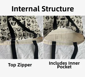 Detail of canvas tote interior showing zipper closure and handy internal pocket