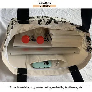 Detailed interior view of a large canvas tote bag fitting a 14-inch laptop and essentials