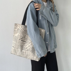 Large capacity canvas tote bag with retro newspaper print for yoga travel and work