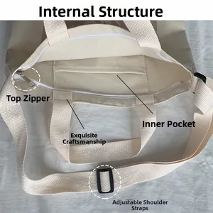 Détail de l'intérieur du sac en toile avec fermeture éclair et bandoulière réglable