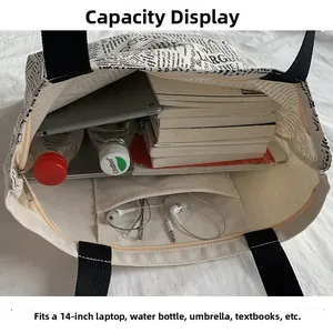 Top view of spacious canvas tote bag showing interior storage for laptop and books