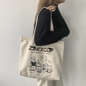 Women Canvas Tote Bag Large Capacity Zipper Closure Japanese Retro Cartoon Panda Print Shoulder Handbag For Students
