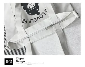 Detail of high-quality PVC zipper closure on white canvas tote bag with cartoon print
