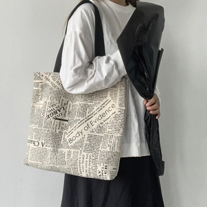 Vintage Newspaper Print Canvas Tote Bag Large Capacity Shoulder Bag With Zipper For Women Students Casual Retro Ulzzang