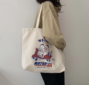Vintage Canvas Tote Bag Large Capacity Zipper Retro American Cartoon Print Shoulder Bag For Women Daily Casual Style