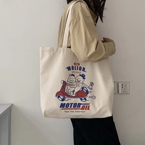 Retro cream canvas tote bag with large capacity and vintage motorcycle cartoon print