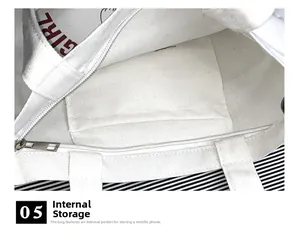 Top view of white canvas bag interior with metal zipper and internal phone pocket