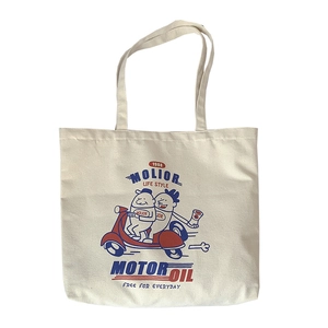 Off-white canvas tote bag with vintage American comic style motorcycle print for women