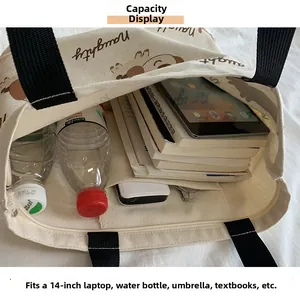 Vista interna di una borsa in tela ad alta capacità con cerniera e tasca per accessori