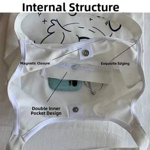 Interno della borsa in tela con chiusura magnetica, doppie tasche e scomparto con zip