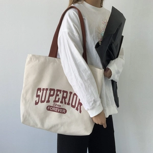 Vintage Canvas Tote Bag Large Capacity American Letter Print Zipper Closure Shoulder Handbag For Students Travel Daily