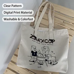 Retro Japanese canvas shoulder bag featuring cartoon bear print on a wooden bench
