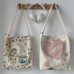 Sac Bandoulière En Toile Pour Femmes Imprimé Cartoon Style Ulzzang Japonais Grande Capacité Cabas Épaule Décontracté