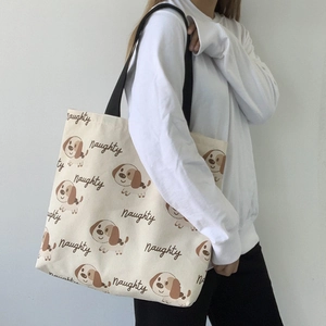 Borsa tote in tela stile giapponese con stampa di cani e tracolle in nero