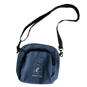 Cute dark blue canvas crossbody bag with cartoon rabbit print and adjustable strap