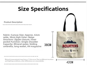 Detailed size chart of beige canvas tote bag with 42x38cm dimensions and zip pocket