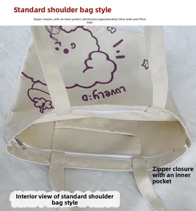 Detail of 34x39cm canvas tote bag showing top zipper closure and inner pocket