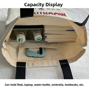 Interior view of large canvas tote bag showing high capacity for iPad and books