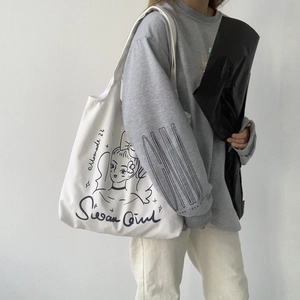 Borsa tote capiente in tela bianca con illustrazione artistica di ragazza e tracolla