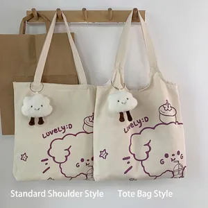 Japanese style canvas tote bags with purple cartoon prints and cloud plush keychain