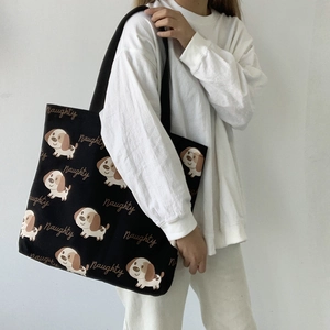 Borsa tote in tela nera con stampa cane birichino e spallacci larghi stile giapponese