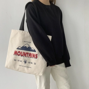Large Capacity Canvas Tote Bag Mountain Print Retro Casual Shoulder Handbag With Zipper For Women Students Daily School