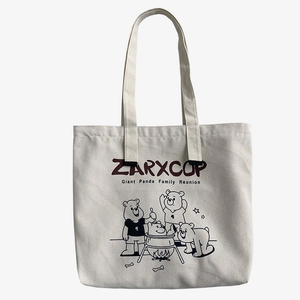 Large beige canvas tote bag with ZARXCOP cartoon panda print for travel and yoga