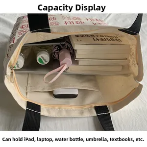 Detailed interior of large capacity canvas tote bag showing laptop, books and umbrella