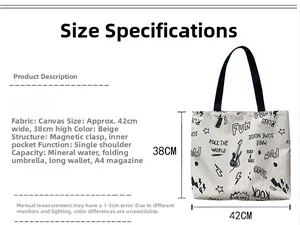 Guide des tailles détaillé pour grand sac en toile montrant la capacité et dimensions