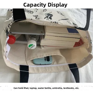 Grand sac cabas en toile avec graffitis rock montrant le rangement iPad et livres