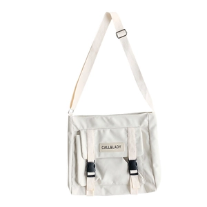 Minimalist beige nylon messenger bag with adjustable strap and buckle closures