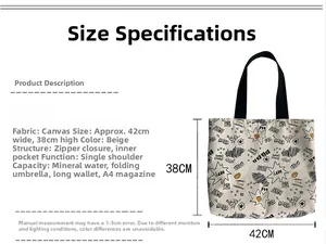 Detail view of canvas tote bag dimensions 42x38cm showing internal capacity and zip closure