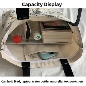 Interior view showing large capacity of the canvas tote bag with various daily essentials