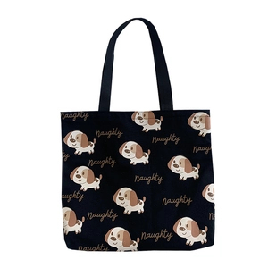 Borsa tote in tela nera con stampa di cucciolo dispettoso e ampi manici in stile retrò