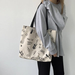 Sac Fourre-Tout En Toile Imprimé Graffiti Rock Guitare Grande Capacité Fermeture Éclair Décontracté Rétro Streetwear Sac À Épaule Pour Femmes