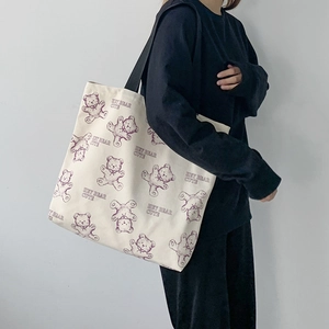 Cute Purple Teddy Bear Canvas Tote Bag Large Capacity Zipper Shoulder Handbag Japanese Harajuku Style Women Students