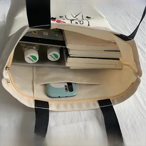 Top view of large canvas tote bag showing interior space for laptop and books