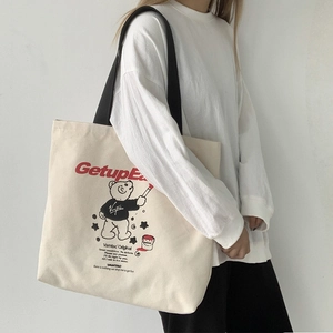 Large Capacity Canvas Tote Bag Women Shoulder Bag With Cartoon Bear And Letter Print Casual Retro Harajuku Streetwear